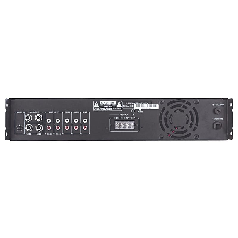 BST Amplificator linie 100V BST 120W, 3 intrări microfon, 2 AUX, phantom +48V, montaj rack 19” 2U