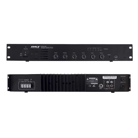 BST Mixer Amplificat 100V BST 60W, 2 Intrări Microfon + 2 Linie, Phantom 48V, EQ 2 Benzi, Rack 19” 1.5U
