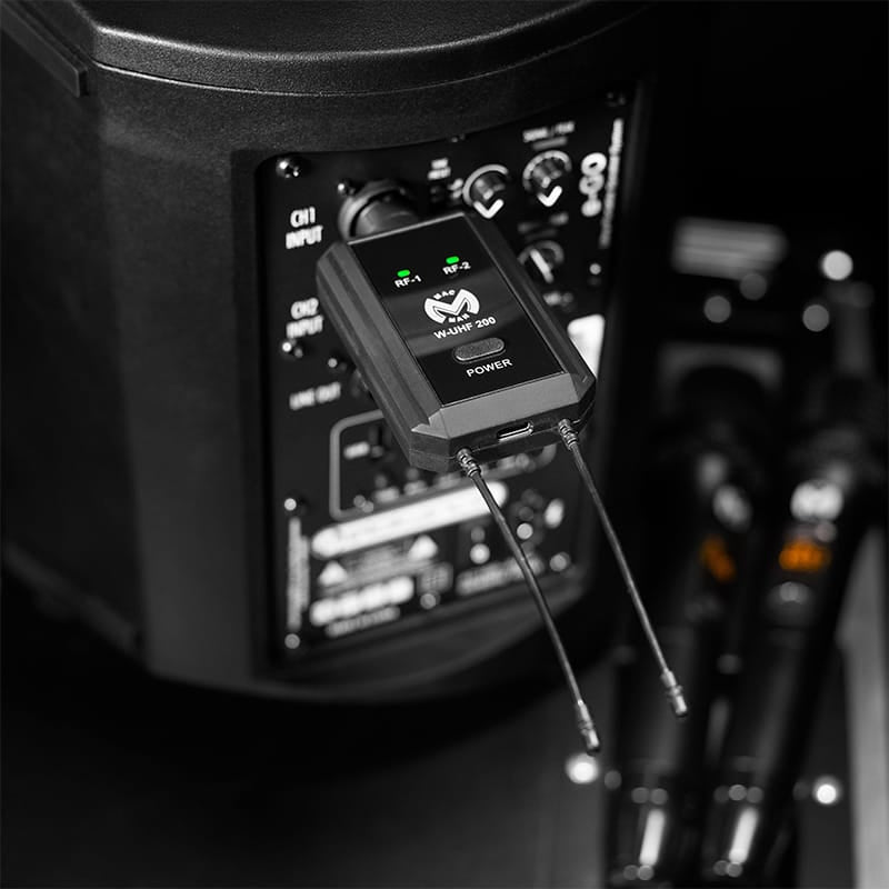 Mac Mah Set 2 Microfoane Wireless UHF Mac Mah W UHF 200 M, 2 Canale, 660-690 MHz, Receptor Plug-in, 80 m, Reincarcabil
