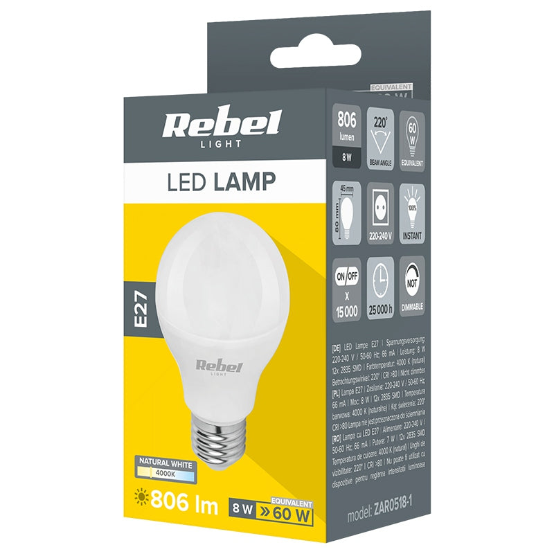 Rebel BEC LED G45 E27 8W 4000K 230V REBEL