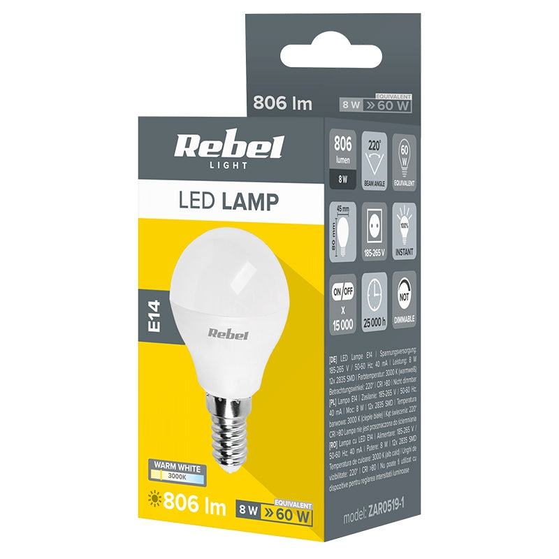 Rebel BEC LED G45 E14 8W 3000K 230V REBEL