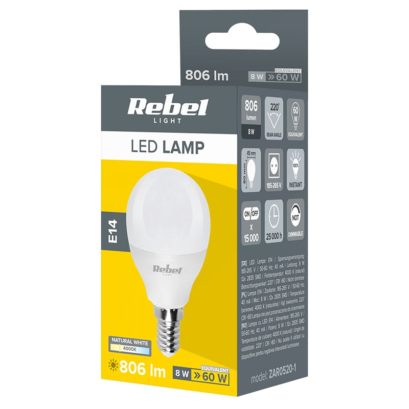 Rebel BEC LED G45 E14 8W 4000K 230V REBEL