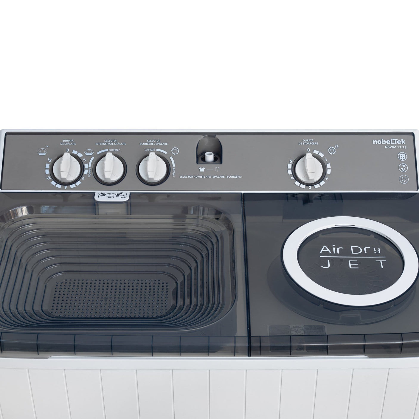 NobeLTek Mașină de spălat rufe semi-automată Nobeltek 12 kg, stoarcere 7 kg, 450W/195W, temporizator 0–15/0–5 min, evacuare gravitațională, Alb/Silver