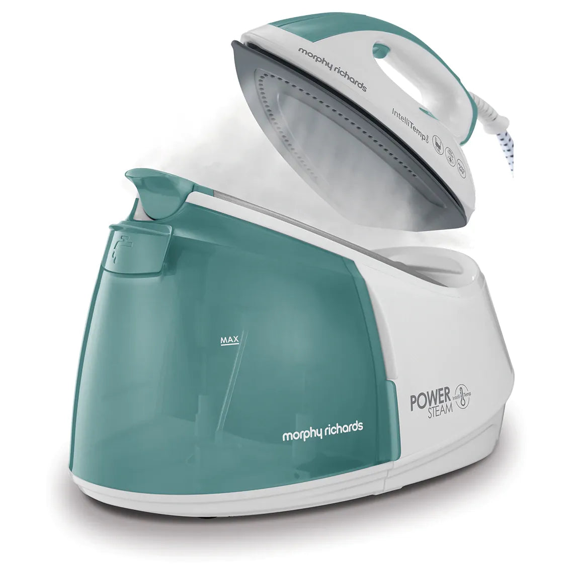 Morphy Richards Statie de calcat, Morphy Richards, Power steam Intellitemp, 2600W, 5 bar, 1.5l functie Intellitemp, Talpa Ceramica, 110g/min, 190g debit de abur continuu, Alb/Verde