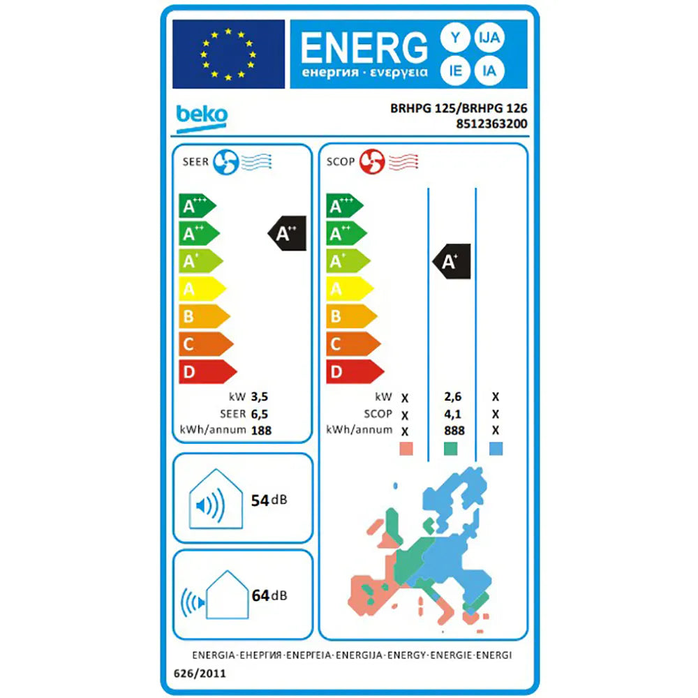 Beko Aparat aer conditionat Aer conditionat BEKO BRHPG125, 12000 BTU, A++/A+, Wi-Fi, Functie Incalzire, Inverter, kit instalare inclus, alb