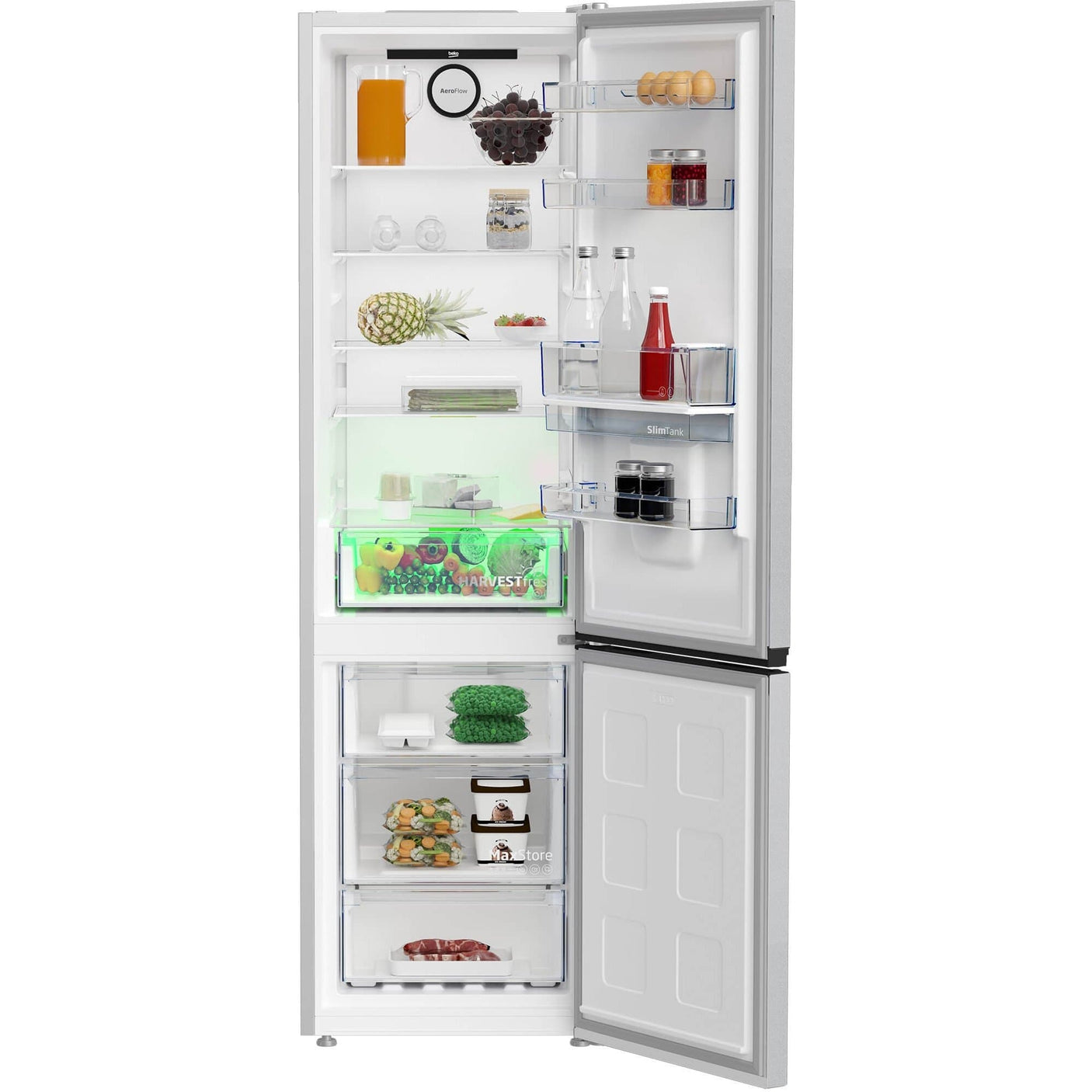 BEKO Combina frigorifica Beko, 355l, Clasa D, NoFrost, Compresor ProSmart Inverter, dozator apa, AeroFlow, HarvestFresh, display, H 203.9, Marble (Glossy Grey)
