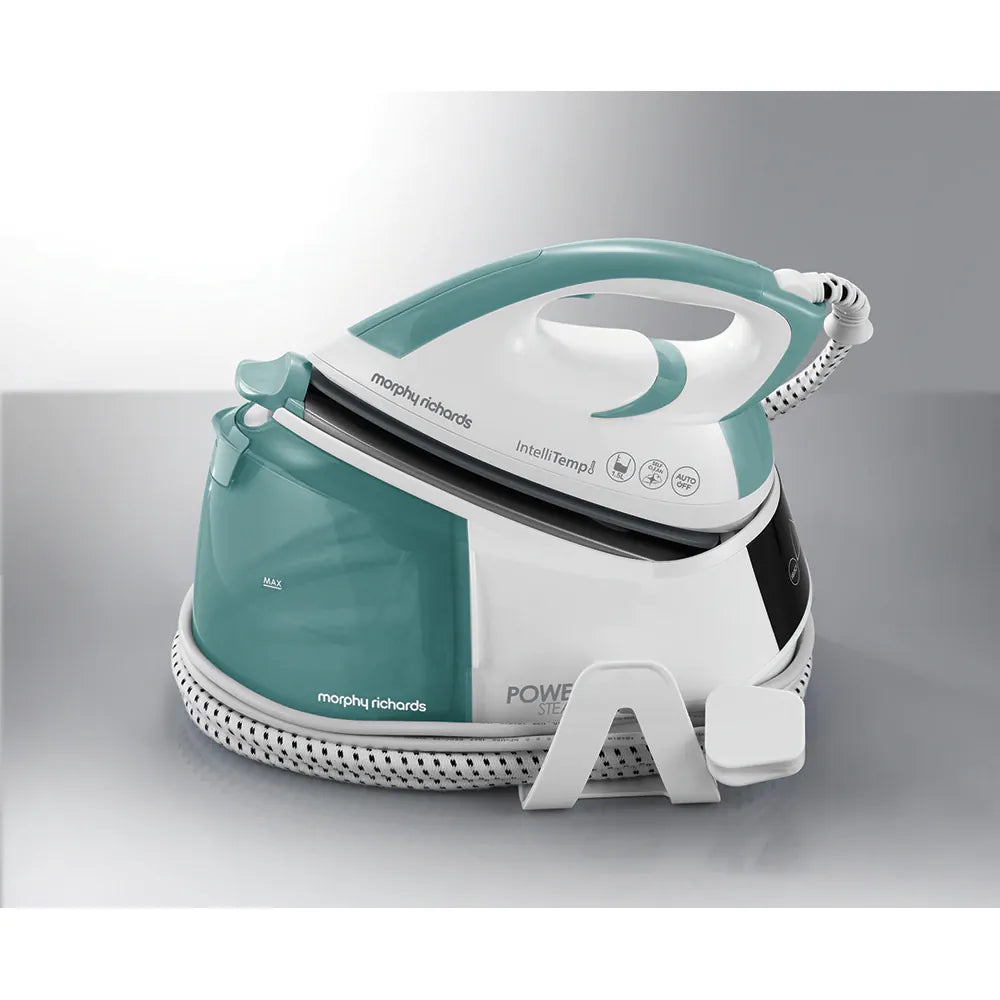 Morphy Richards Statie de calcat, Morphy Richards, Power steam Intellitemp, 2600W, 5 bar, 1.5l functie Intellitemp, Talpa Ceramica, 110g/min, 190g debit de abur continuu, Alb/Verde