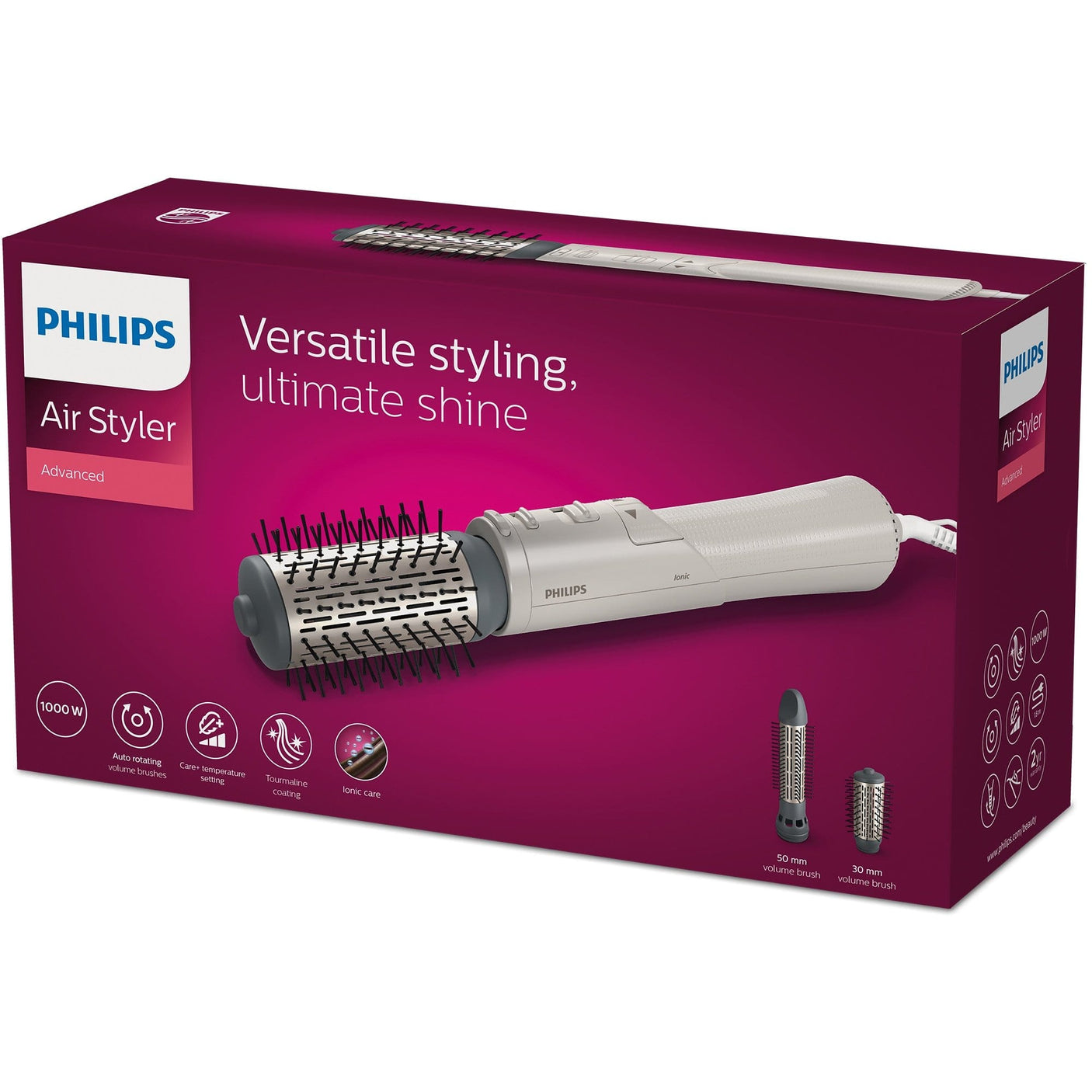 Philips Perie rotativa cu aer cald Philips Seria 7000 BHA710/00, 1000W, ingrijire cu ioni, 2 accesorii, setare temperatura de ingrijire si aer rece, peri naturali, invelis ceramic din turmalina, Alb/crem