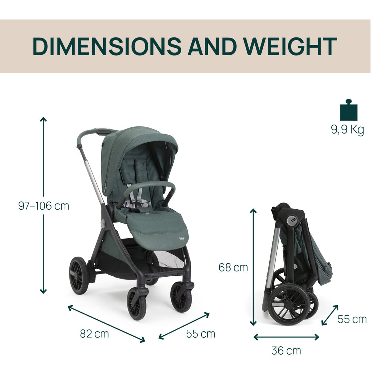 Chicco Puericultură Carucior Copii Chicco Bellagio 3 in 1 8718333 | Fir Tree, 0 Luni+, Verde Inchis