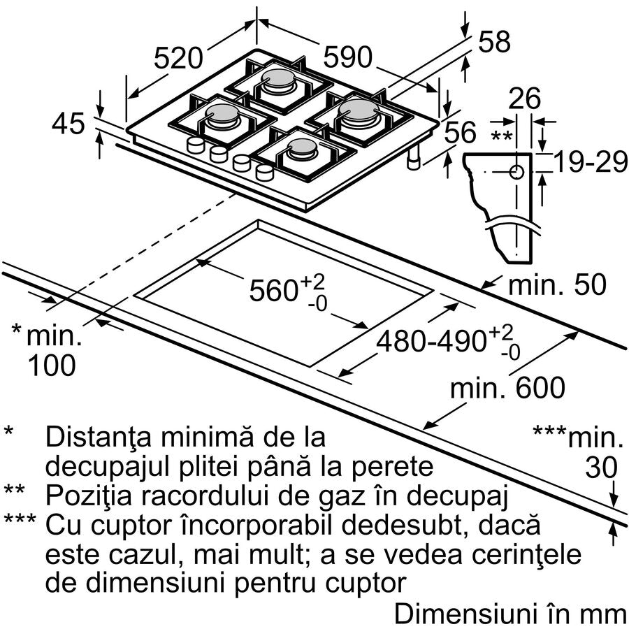 Bosch Plita incorporabila Plita Incorporabila Bosch PNN6B6K40 | Gaz, 4 Arzatoare, 60cm, Gratar Fonta, 59x52x4.5cm