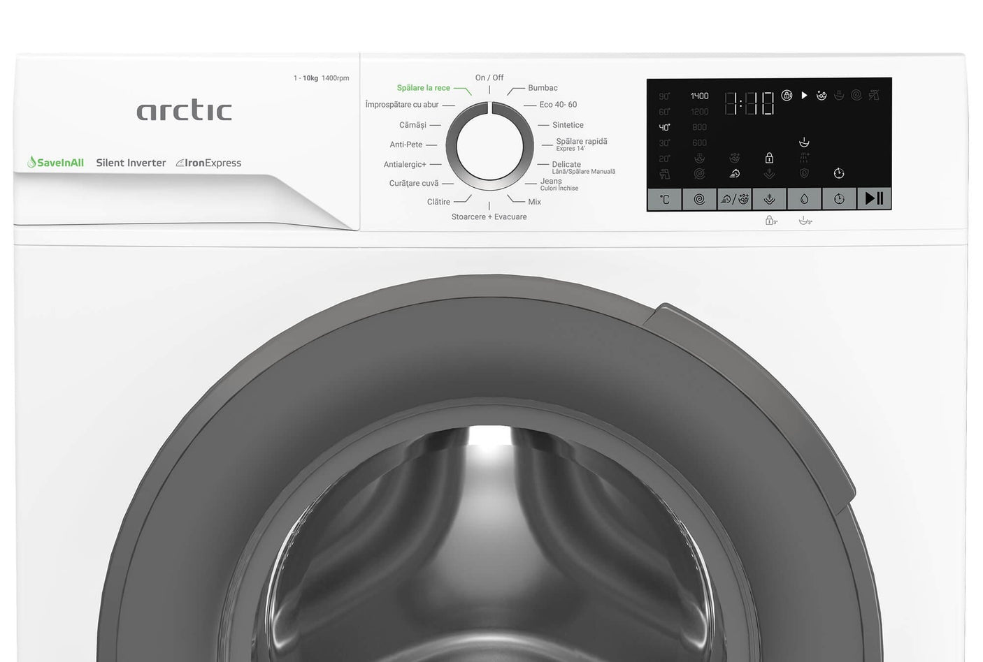 ARCTIC Masina de spalat rufe Arctic, 10kg, 1400rpm, Clasa A, Motor Silent Inverter, SAVEINALL, ExtraSteam, Display, Recycled Tub, Alb