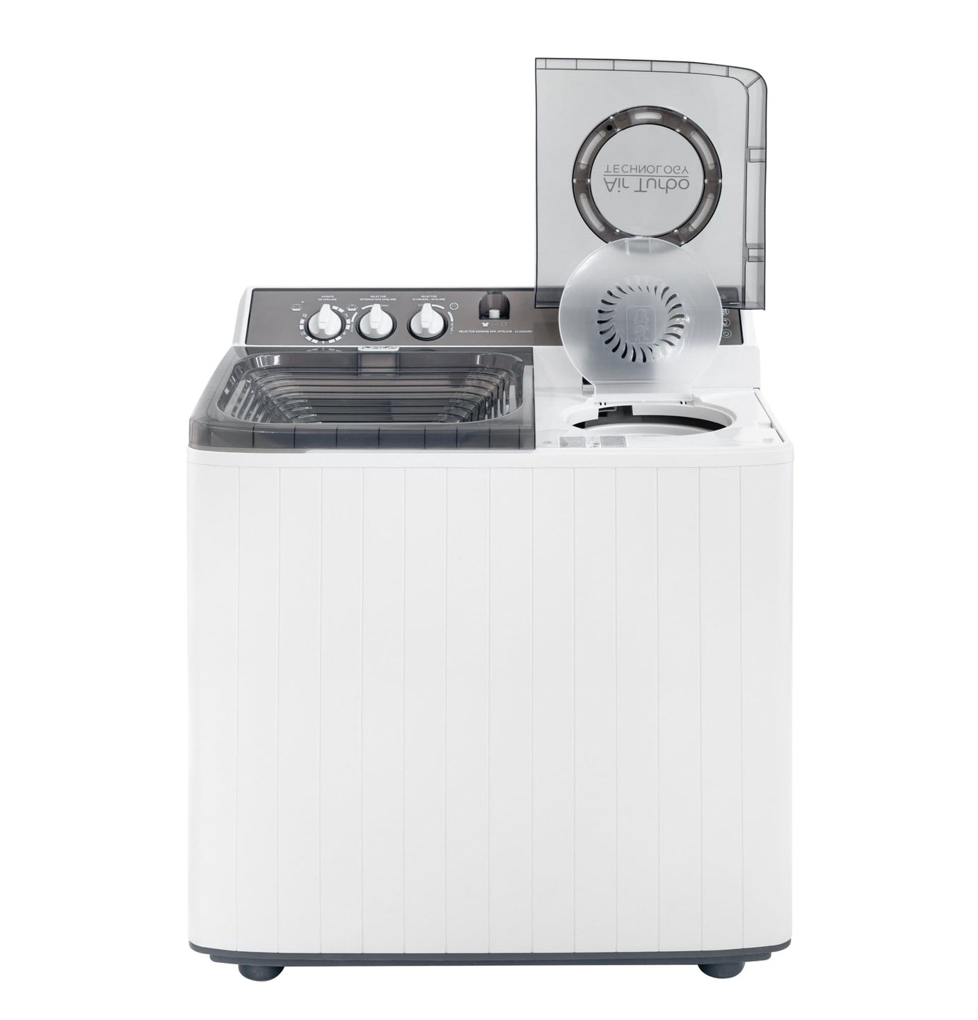 NobeLTek Masina de spalat rufe semi-automata Nobeltek, 10 kg spalare, 5 kg stoarecere, 420W spalare, 190W stoarcere, timp spalare 0-15 min, timp stoarcere 0-5 min, evacuare apa uzata: prin cadere libera, culoare corp Alb, capac Silver