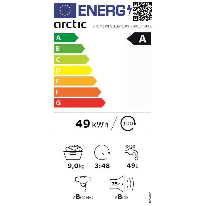 ARCTIC Masina de spalat rufe Masina de spalat rufe Arctic APLM1WFSU19410W | 9kg, 1400RPM, Clasa A, Inverter, ExtraSteam