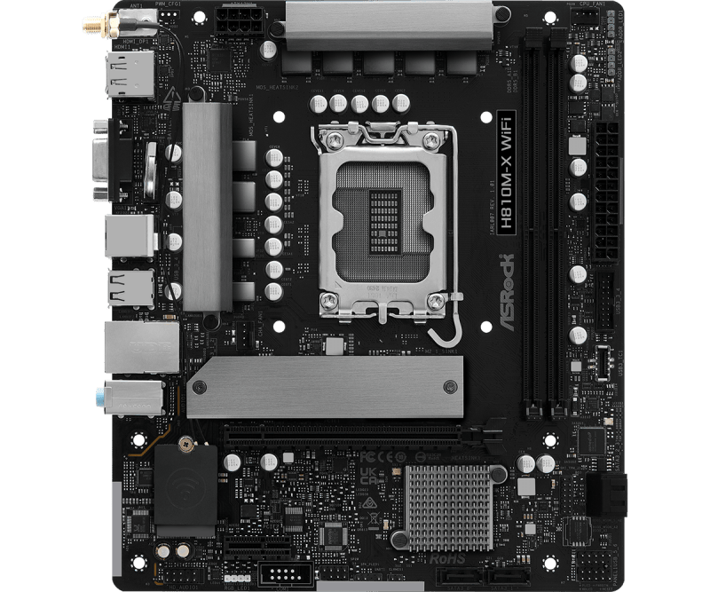 ASROCK Asrock H810M-X WiFi. Processor manufacturer: Intel, Processor socket: LGA 1851 (Socket V1), Compatible processor series: Intel Core Ultra (Series 2). Supported memory types: DDR5-SDRAM, Maximum intern