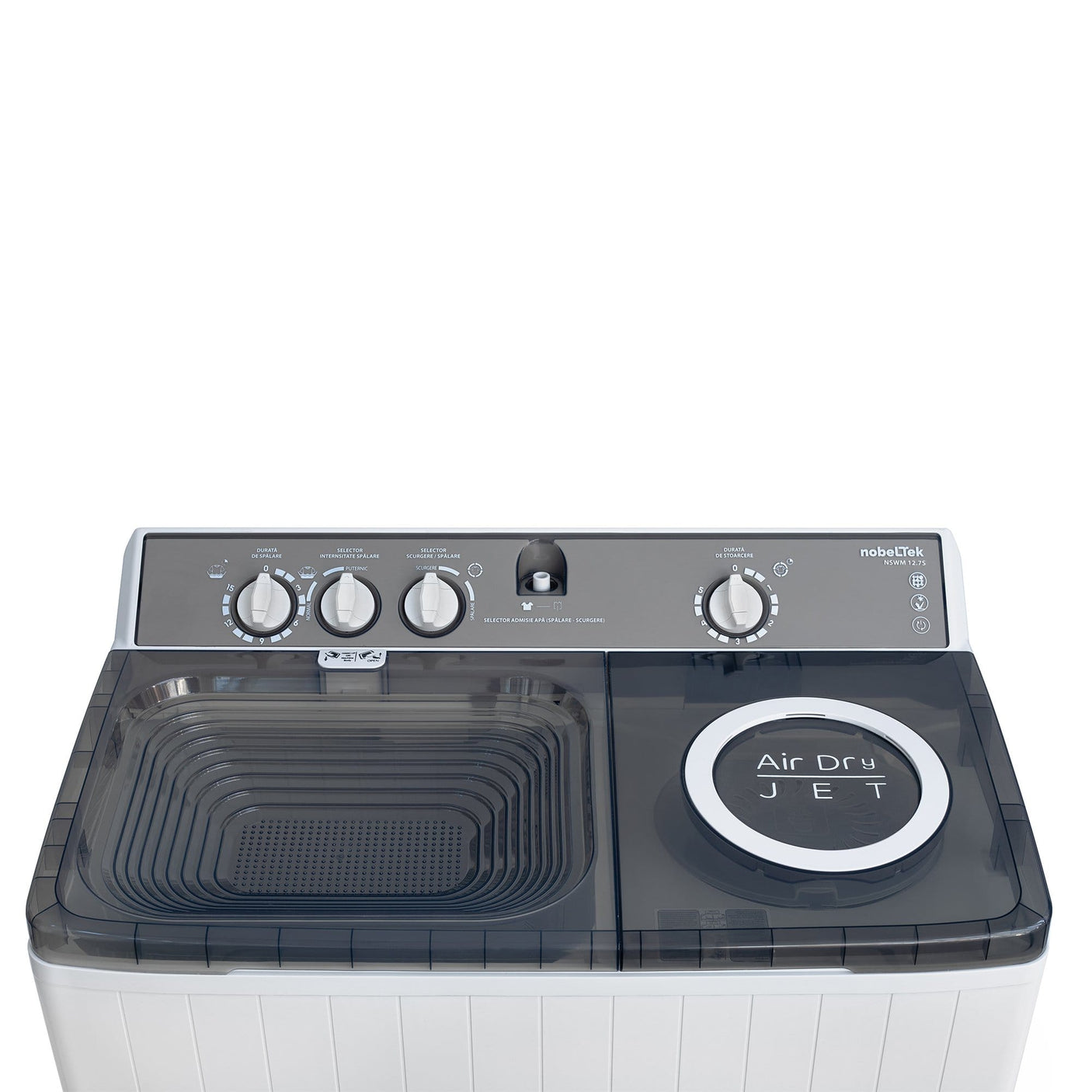 NobeLTek Mașină de spălat rufe semi-automată Nobeltek 12 kg, stoarcere 7 kg, 450W/195W, temporizator 0–15/0–5 min, evacuare gravitațională, Alb/Silver
