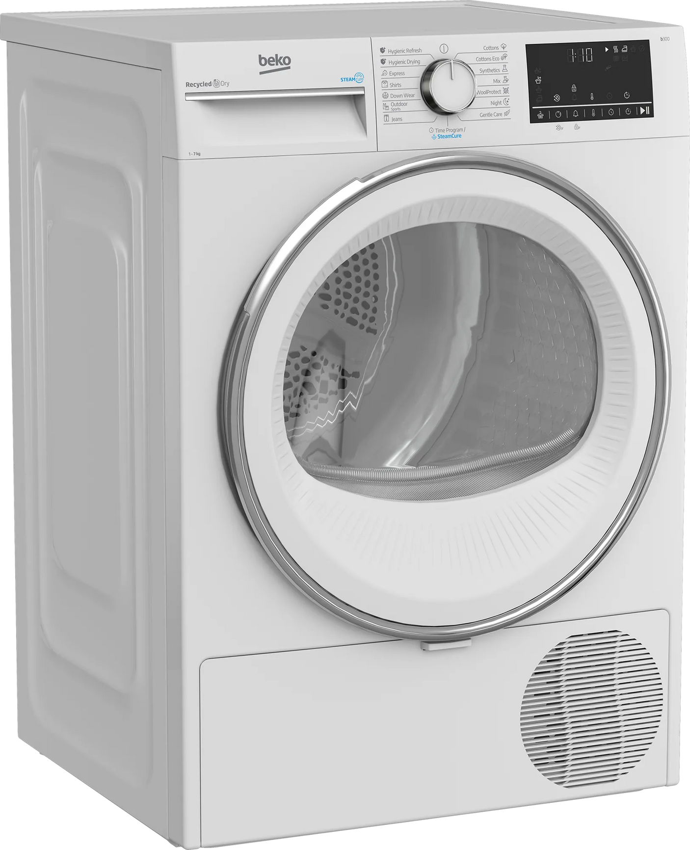 BEKO Uscator de rufe cu pompa de caldura Beko, 7 kg, Clasa C, 15 programe, motor ProSmartInverter, display, SteamCure, OptiSense, Alb