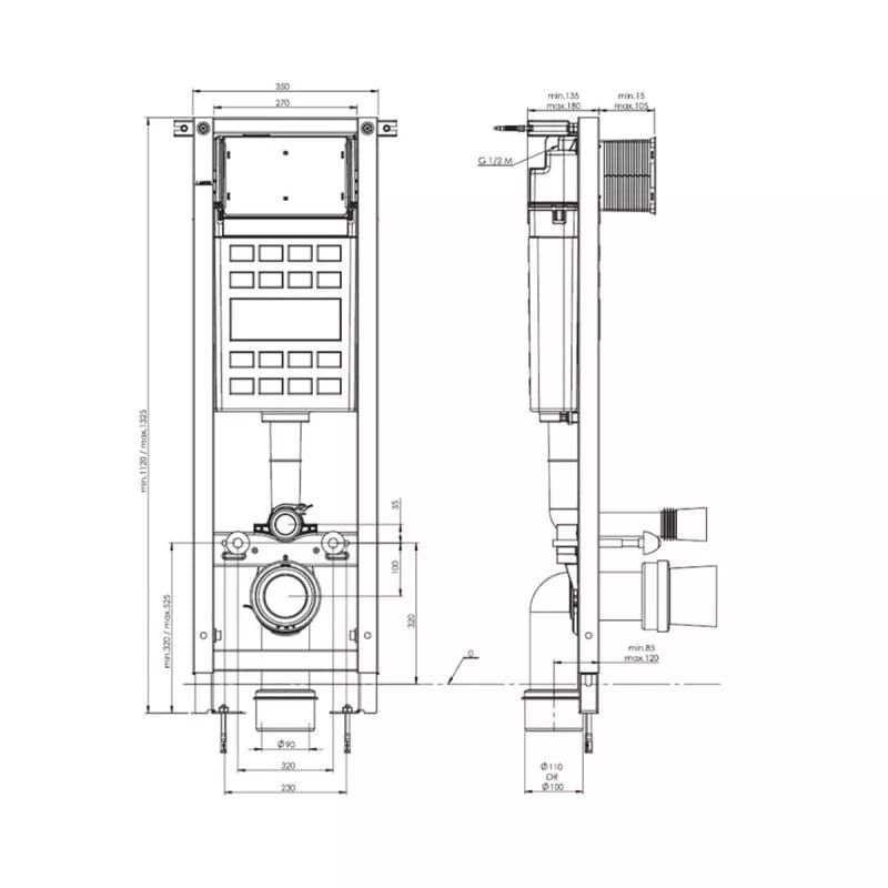 Roca Set 2 in 1 rezervor WC Roca, ECO FRAME SET K01 CHROME + PLATE K01 CHROME, cadru otel, incastrat, 1.13m, suporti perete, placa de actionare, crom