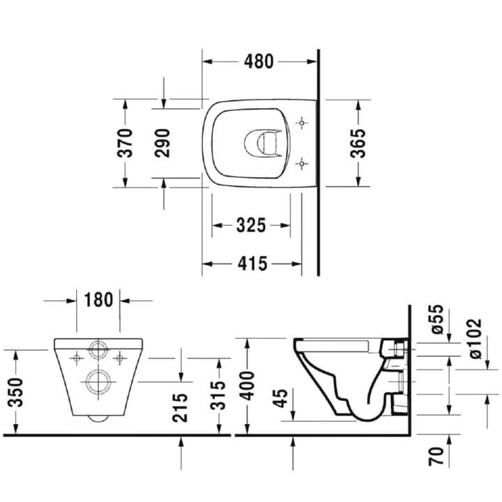 Duravit Vas wc + capac Duravit, WWC-Set DuraStyle 480 mm TS, Weiß riml.,inkl.WC-Sitz m.Absenkautom., suspendat, evacuare orizontala, cu capac (0063790000), soft close, alb