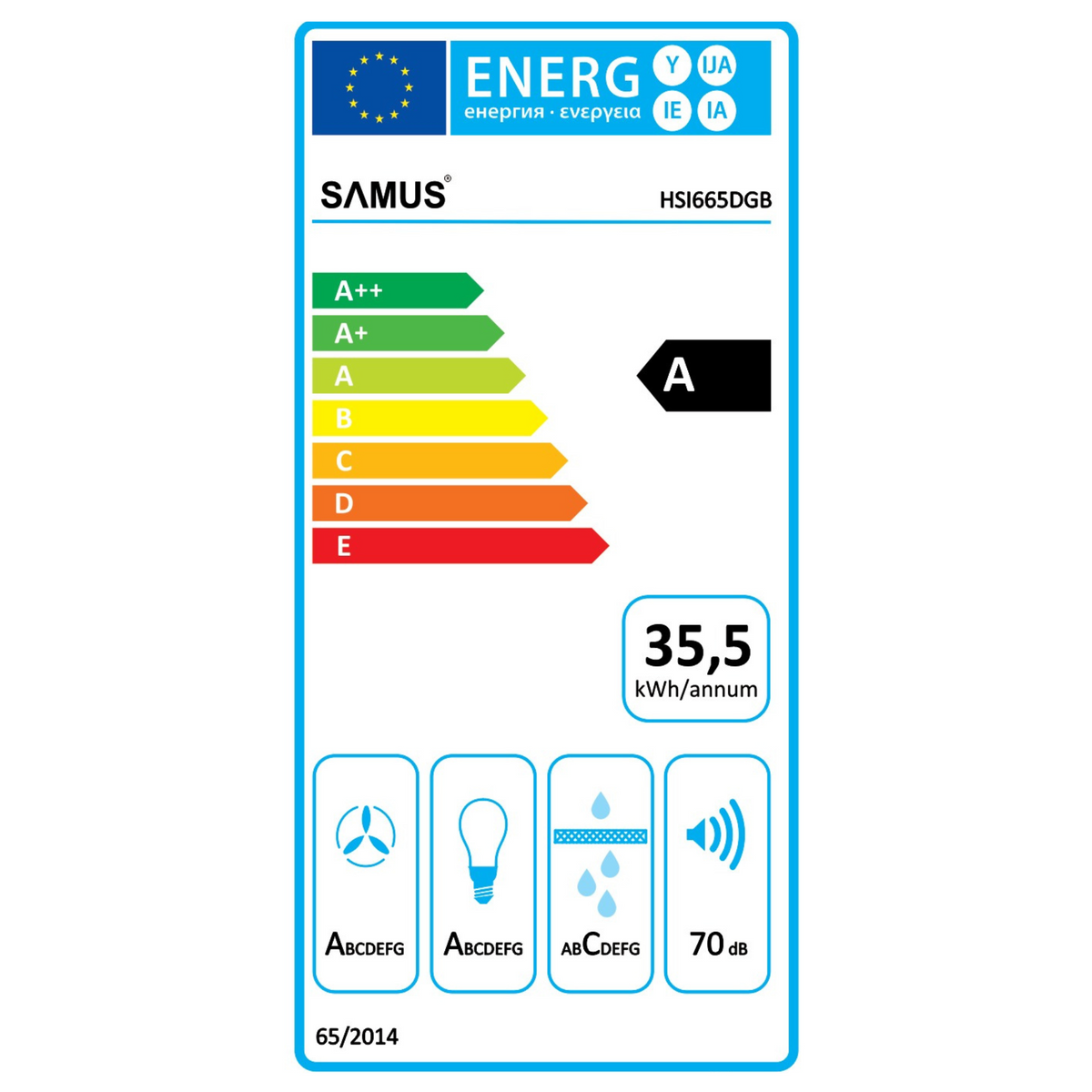 Hotă Decorativă Samus HSI665DGB | 60cm, 650m³/h, Negru - Etichetă energetică