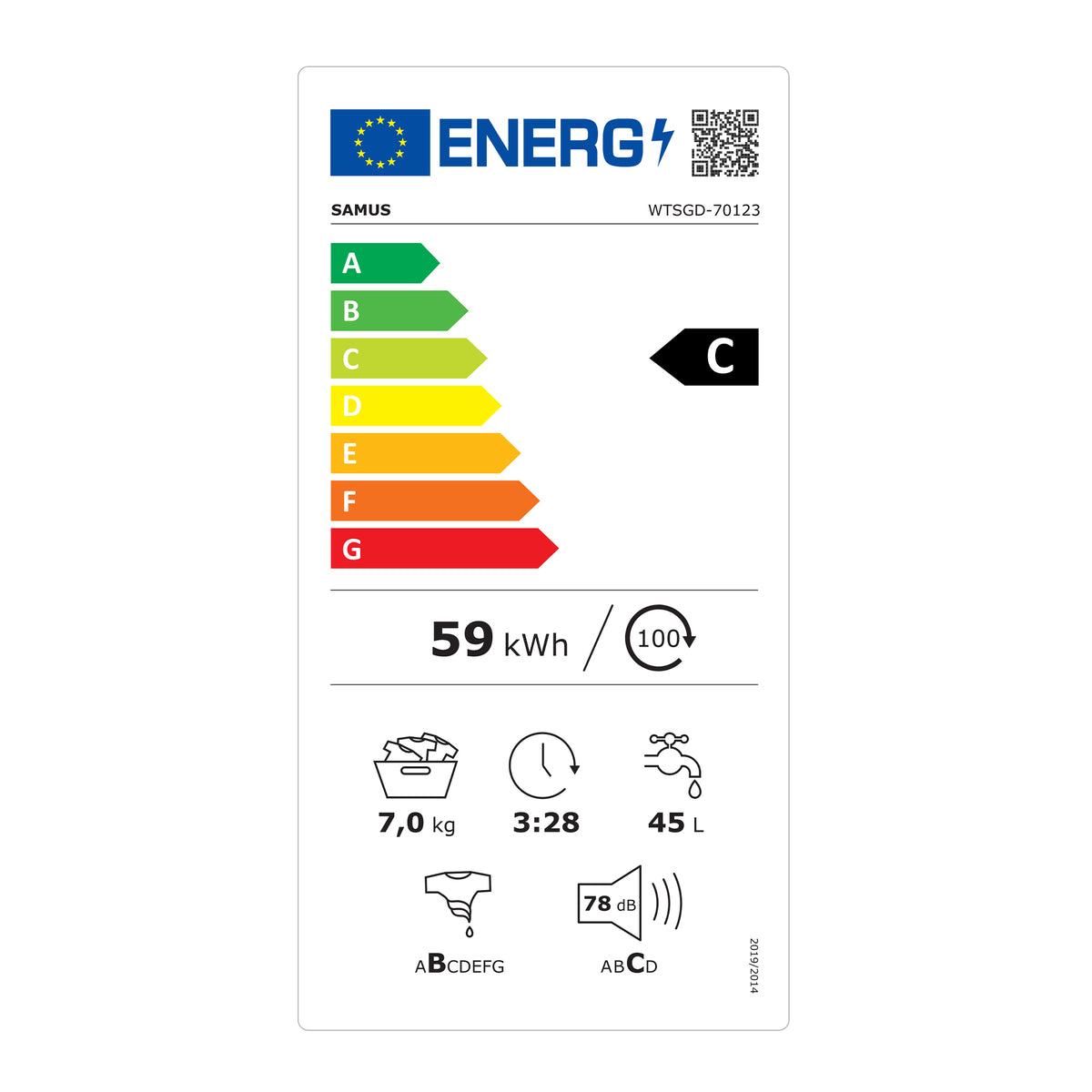 Mașină de Spălat Rufe Verticală Samus | 7kg, 1200 RPM, 15 programe - Etichetă energetică