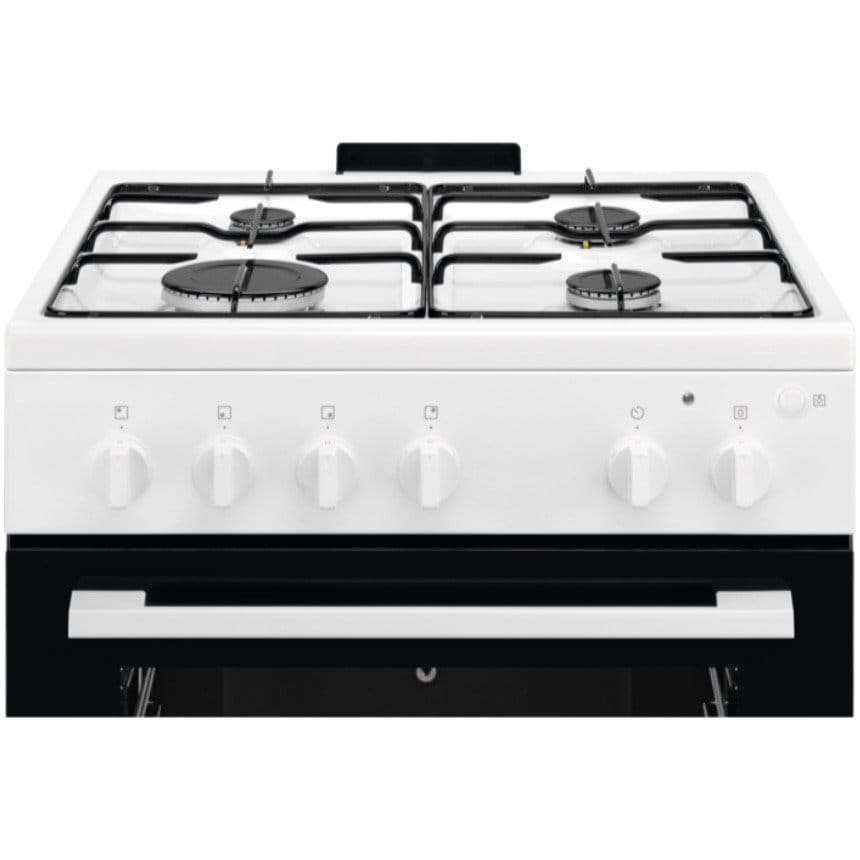 Electrolux Aragaz Electrolux, Gaz, 4 arzatoare, Autocuratare Catalitica, Timer mecanic, Aprindere integrata plita si cuptor, Grill Electric, Rotisor, Iluminare cuptor, 60 cm, Alb