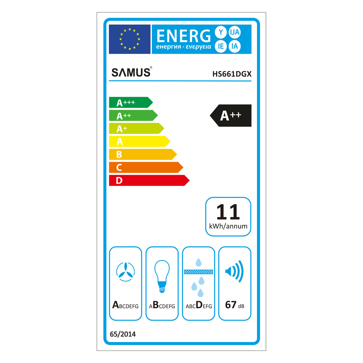 Hotă Decorativă Samus | 60cm, 305m³/h, Inox - Etichetă energetică