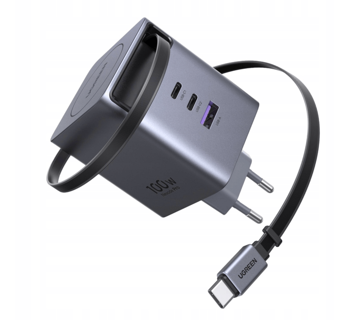Ugreen Incarcator USB Incarcator Retea Ugreen Nexode X616-65828 | 100W, GaN, 2x USB-C, 1x USB-A, Cablu Retractabil