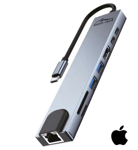 Media-Tech 8 in 1 GIGA LAN HUB - USB-C Docking Station Ports: 1xRJ45 (1000 Mbps) 1xUSB-A 30 1xUSB-A 20 1 x USB-C PD 20V@5A max 100W HDMI 4K SD microSD