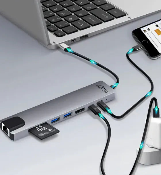 Media-Tech 8 in 1 GIGA LAN HUB - USB-C Docking Station Ports: 1xRJ45 (1000 Mbps) 1xUSB-A 30 1xUSB-A 20 1 x USB-C PD 20V@5A max 100W HDMI 4K SD microSD
