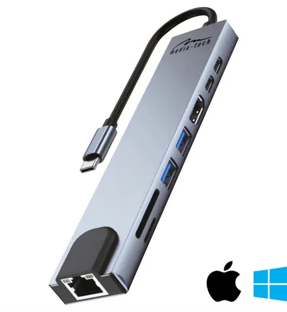 Media-Tech 8 in 1 GIGA LAN HUB - USB-C Docking Station Ports: 1xRJ45 (1000 Mbps) 1xUSB-A 30 1xUSB-A 20 1 x USB-C PD 20V@5A max 100W HDMI 4K SD microSD