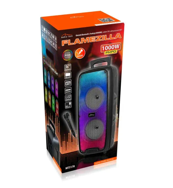 Media-Tech Boxa Portabila wireless Media-Tech FLAMEZILLA MT3178 Radio FM MP3 Player Karaoke20W RMS iluminare RGB Negru