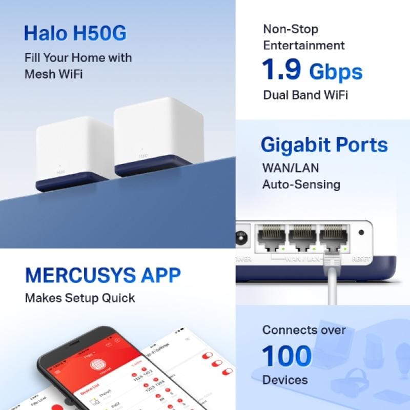Mercusys by TP-LINK Sistem Mesh Wi-Fi Sistem Mesh Wi-Fi Mercusys Halo H50G | Dual-Band, Gigabit, 2-pack