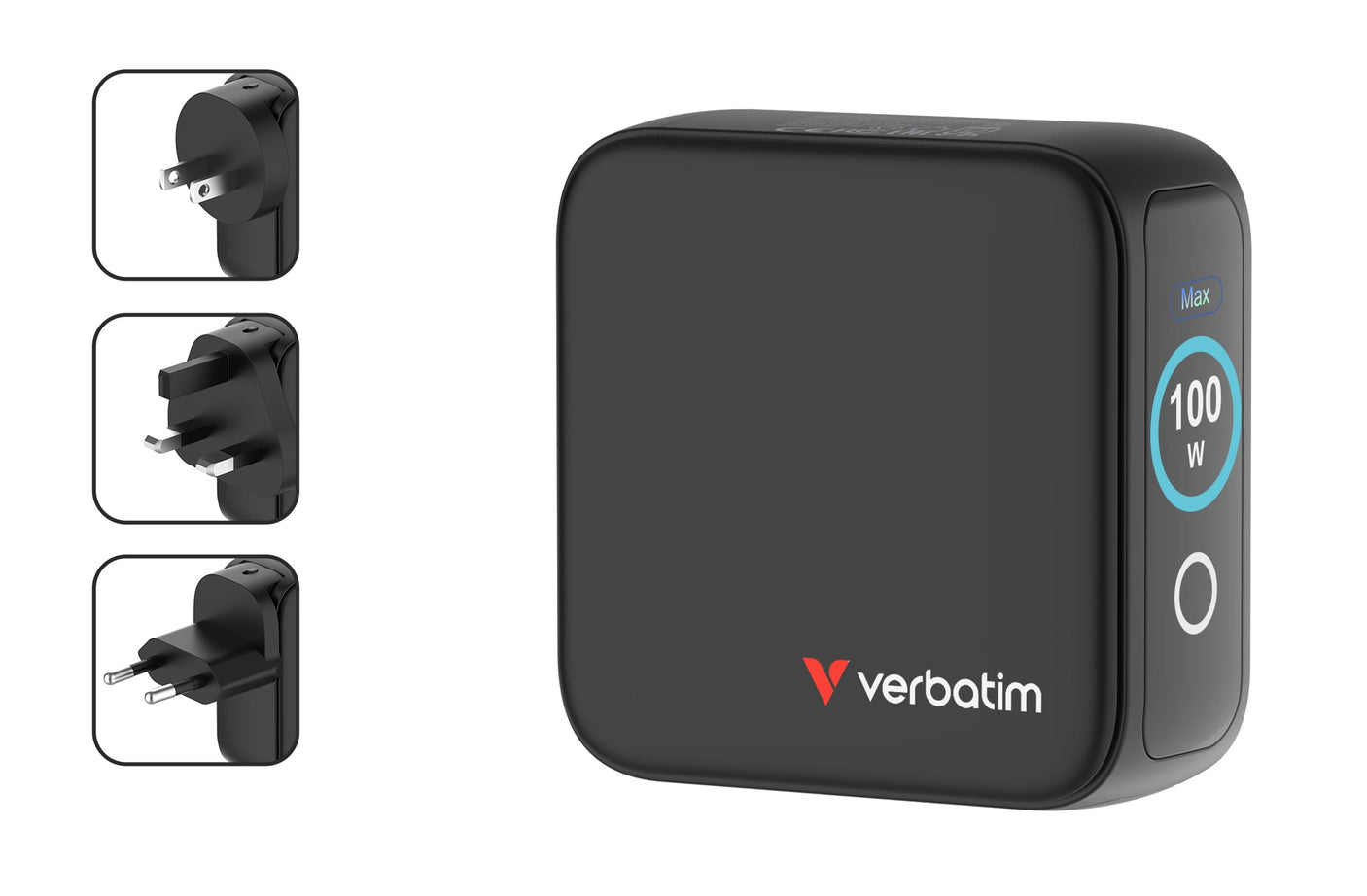 Verbatim Incarcator USB Adaptor de calatorie mini Verbatim 30239, GaN, 100W, display, USB-C1/C2 PD 3.0 pana la 100W, USB-A QC 3.0 pana la 30W, negru