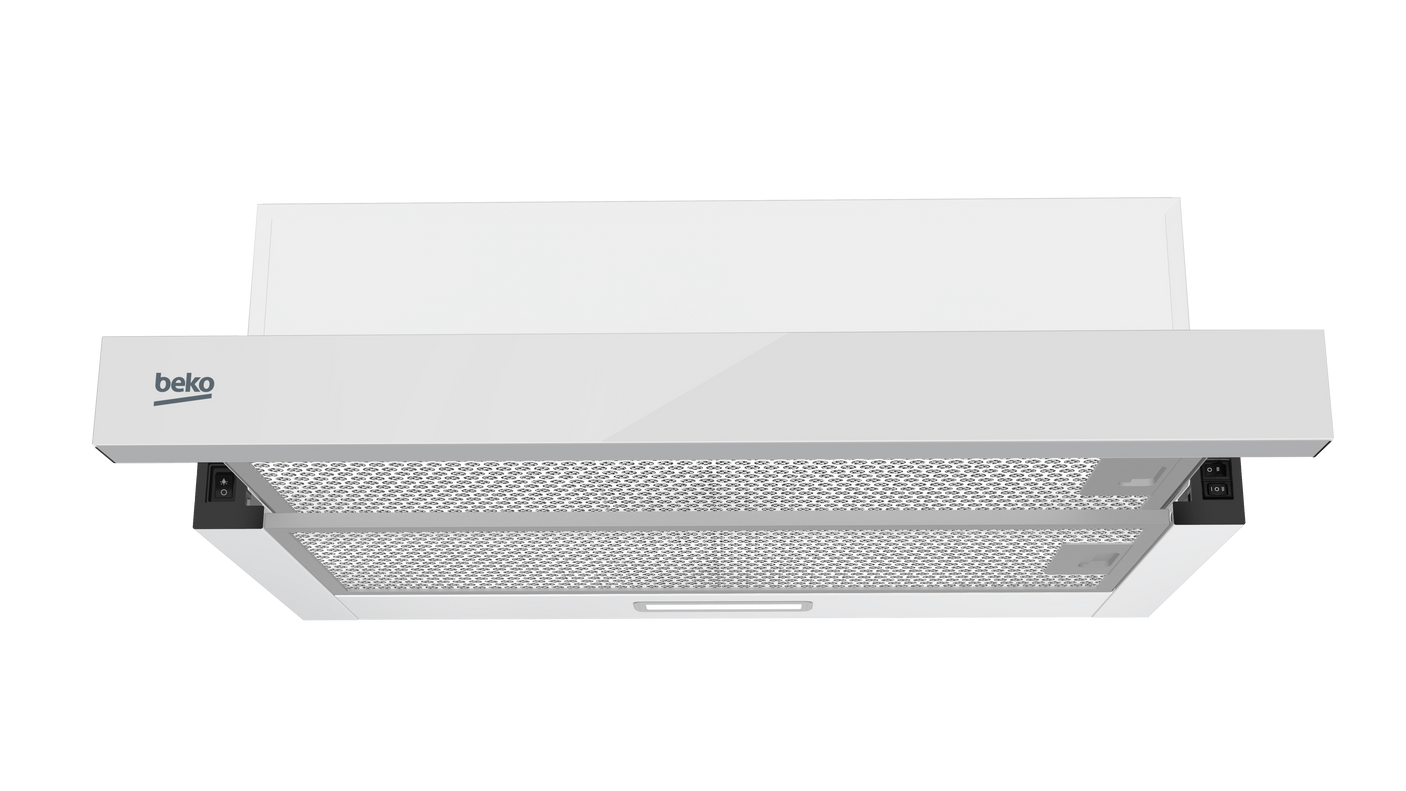 Hota de bucatarie telescopica Beko HNT63322WH, 60 cm, 3 trepte de putere, 320 mc/h, vlasa energetica B, filtru de carbon