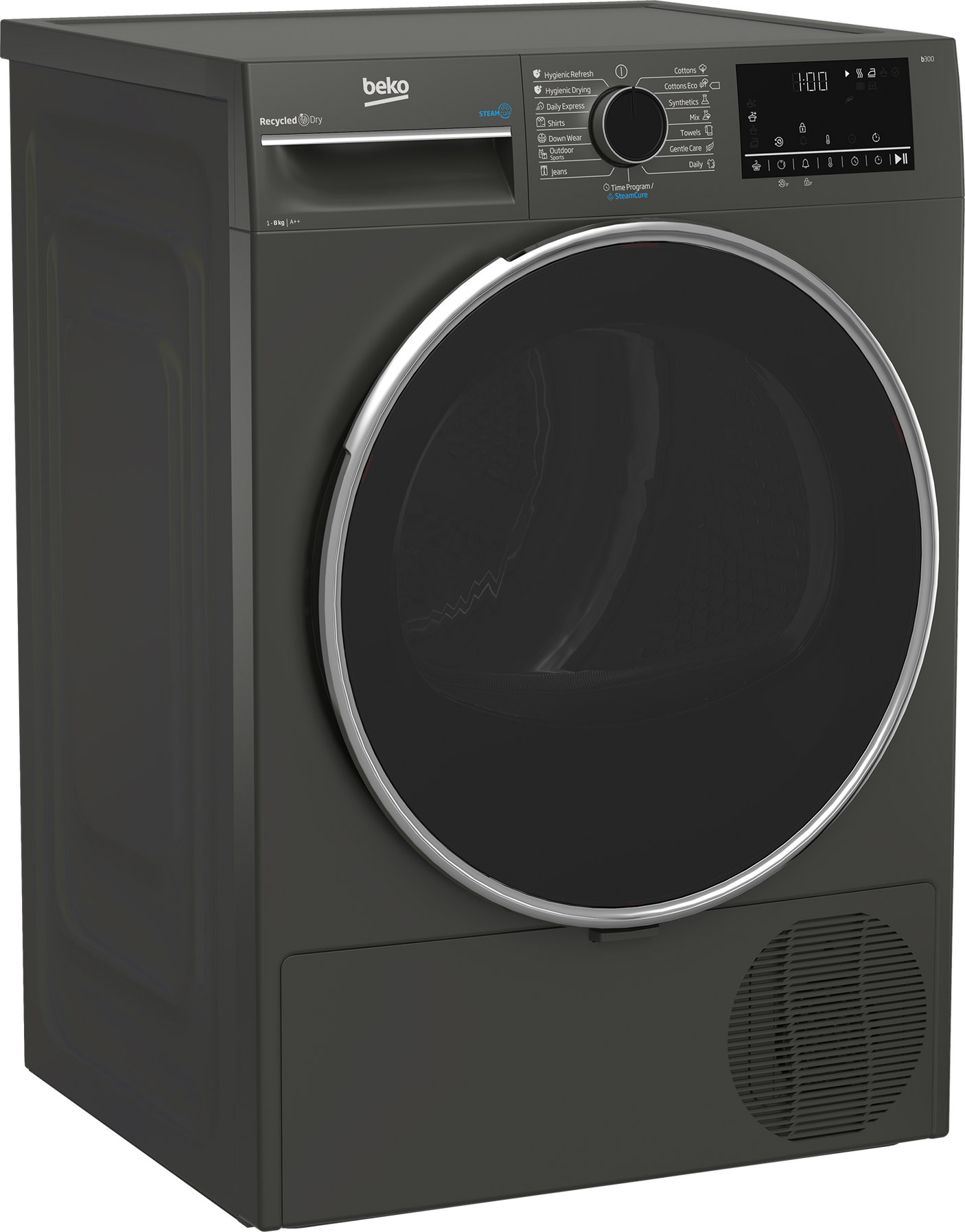 Uscator de rufe Beko B3T68239MG, 8 kg, 16 programe, Clasa E, Pompa de caldura EcoGentle™, Steamcure, RecycledDry, Outdoo