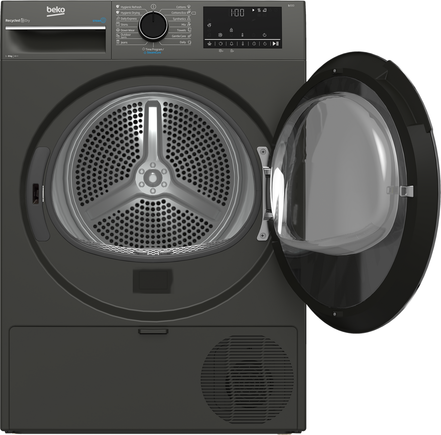 Uscator de rufe Beko B3T68239MG, 8 kg, 16 programe, Clasa E, Pompa de caldura EcoGentle™, Steamcure, RecycledDry, Outdoo