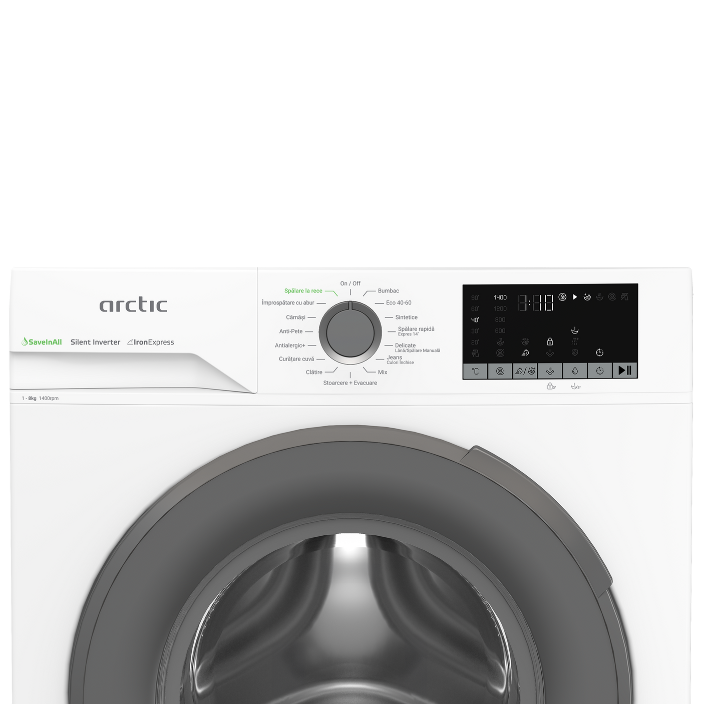 Masina de spalat rufe Arctic, 8 Kg, 1400 RPM, Motor Silent Inverter, Drum Clean+Steam, Child Lock, Anticrease, Digital D