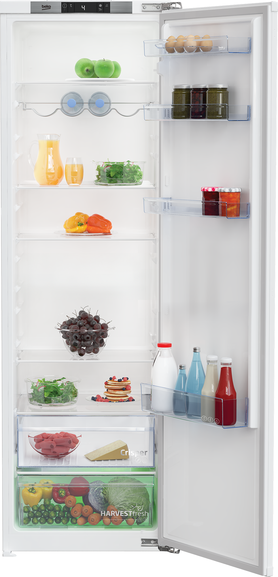 Frigider cu o usa incorporabil Beko, 309l, Clasa E, display, HarvestFresh, H 177.5, alb