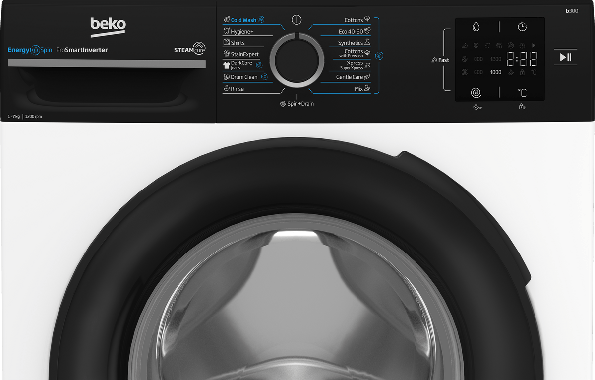 Beko Masina de spalat rufe Masina de spalat rufe Beko BM3WFU37213WBPB | 7kg, 1200rpm, Clasa A, SteamCure, Alb, 60x49.6x84.5cm