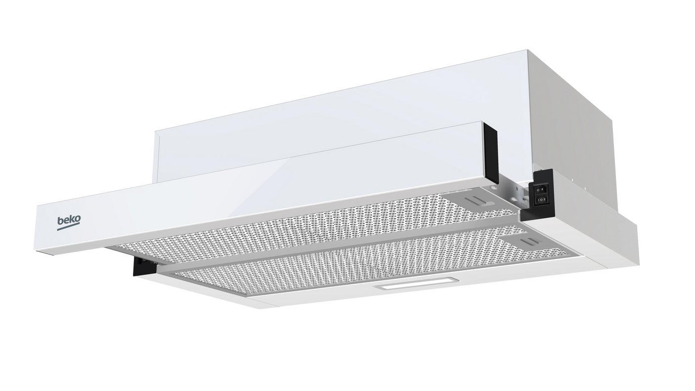 Hota de bucatarie telescopica Beko HNT63322WH, 60 cm, 3 trepte de putere, 320 mc/h, vlasa energetica B, filtru de carbon