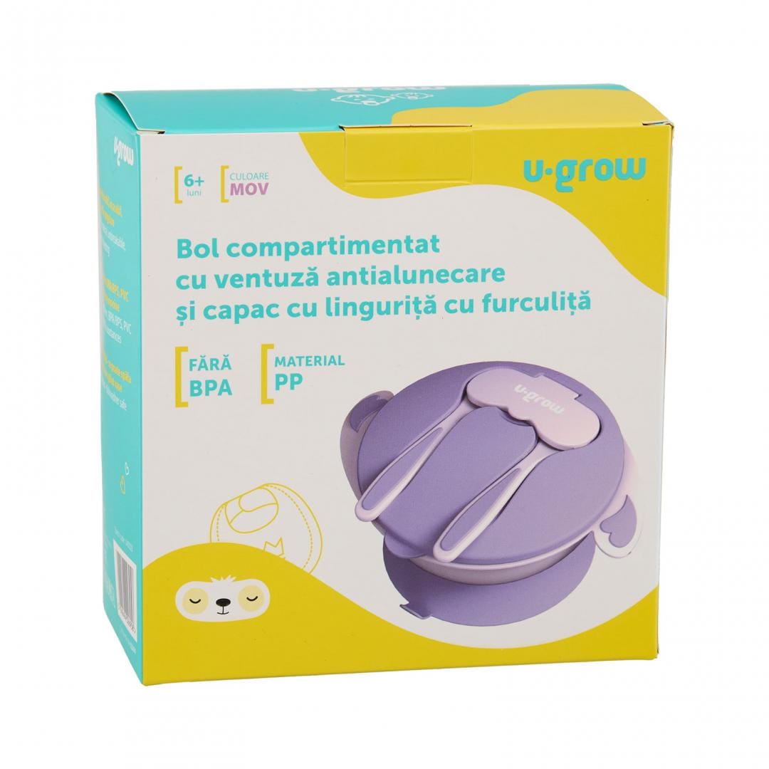 U-Grow Alimentație bebe Bol Compartimentat U-Grow A-1104PP | Ventuza Antialunecare, Capac, Lingurita, Furculita, Mov