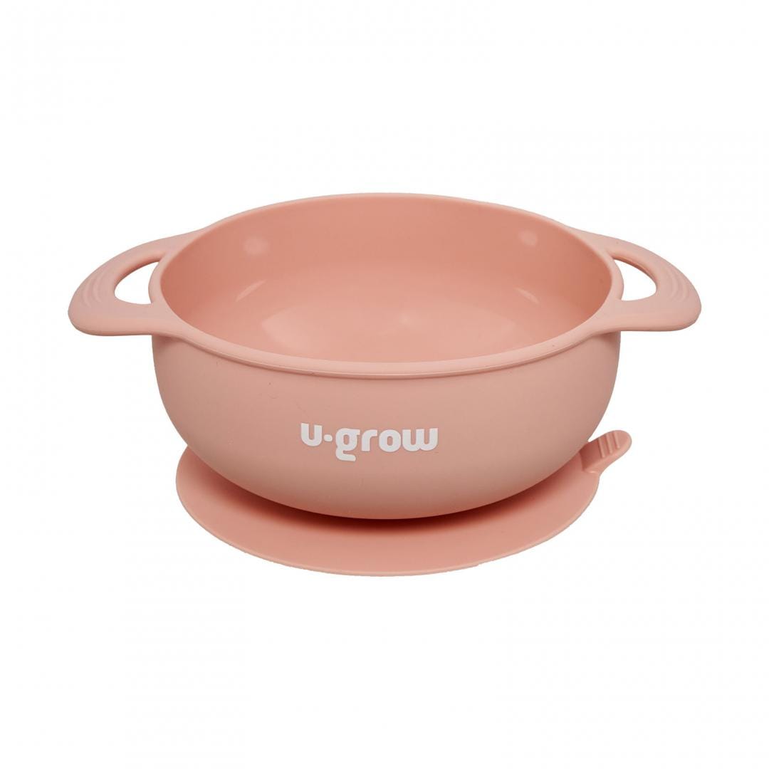 U-Grow Alimentație bebe Set Diversificare Silicon U-Grow UG-SET2PK | 5 Piese, Baveta, Bol, Farfurie, Lingurita, Furculita, Roz