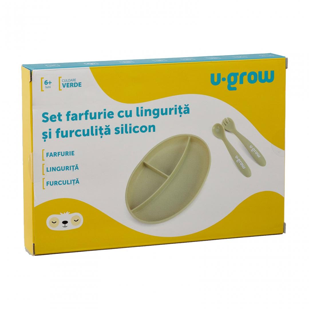 U-Grow Alimentație bebe Set Farfurie Silicon U-Grow UG-SET9OV | Lingurita, Furculita, Olive