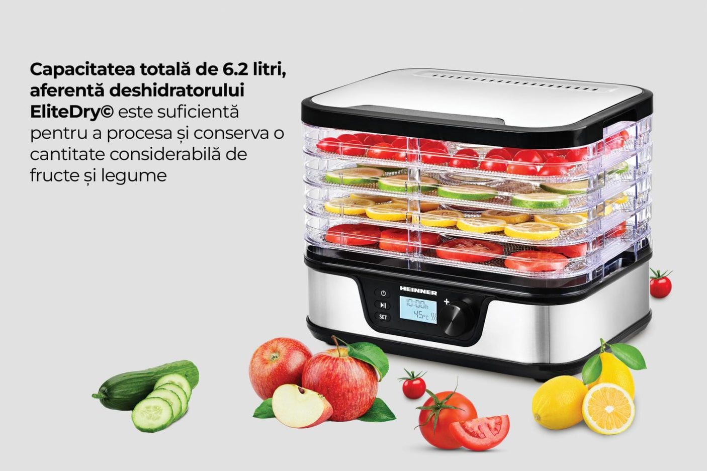 Heinner Deshidrator Deshidrator Heinner HFD-K380DSS | 380W, 5 Tavi, Display Digital, Inox