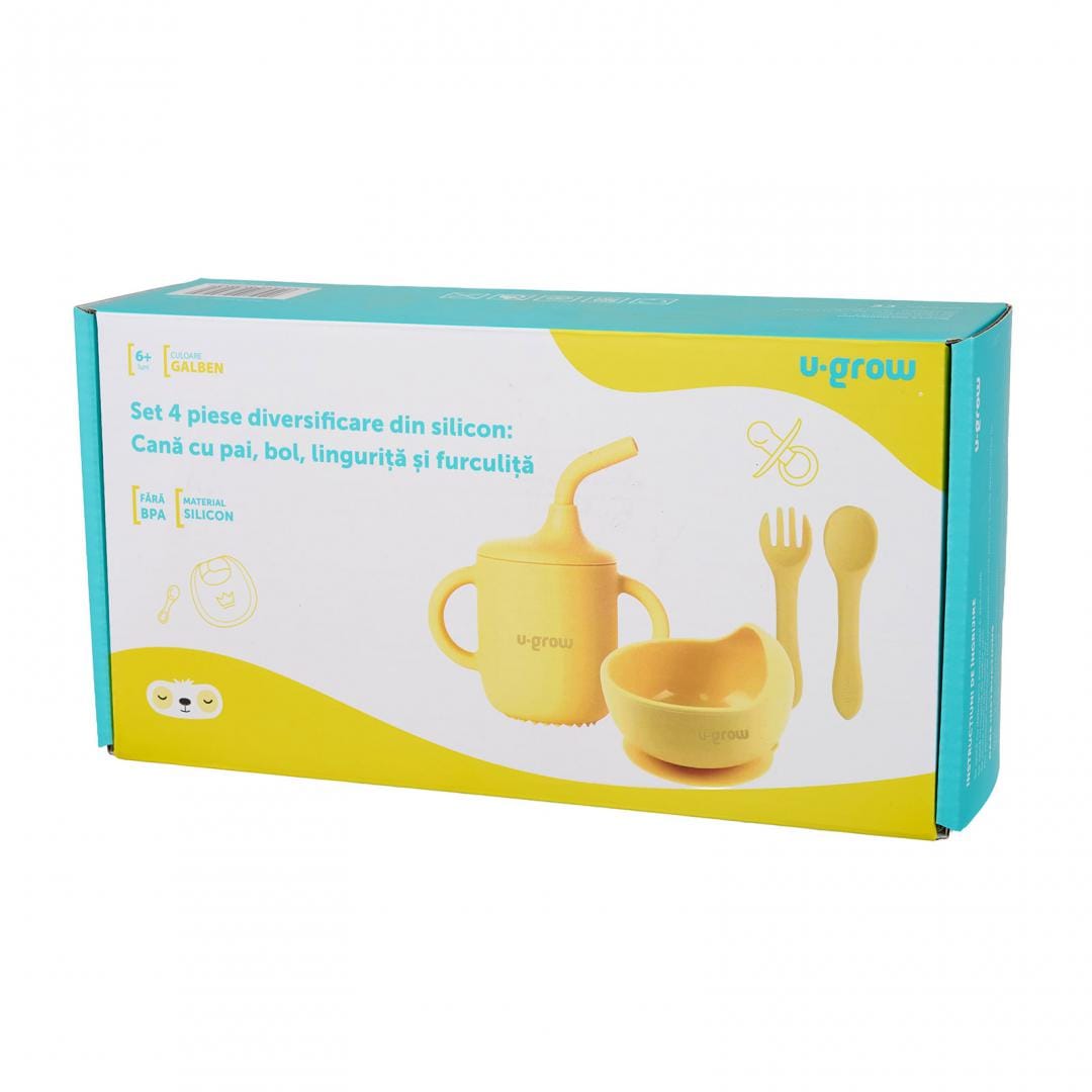 U-Grow Alimentație bebe Set Diversificare Silicon U-Grow UG-422YE | 4 Piese, Cana cu Pai, Bol, Lingurita, Furculita, Galben