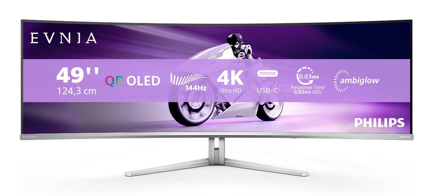 Philips Monitor Philips 49" 49M2C8900L/00, Curvature: 1800R, Diagonal (inch): 49, Diagonal (cm): 124.5, Aspect ratio: 32:9, Panel: QD-OLED, Resolution: 5120x1440, Refresh Rate: 144Hz, Response time GtG: 0.03m