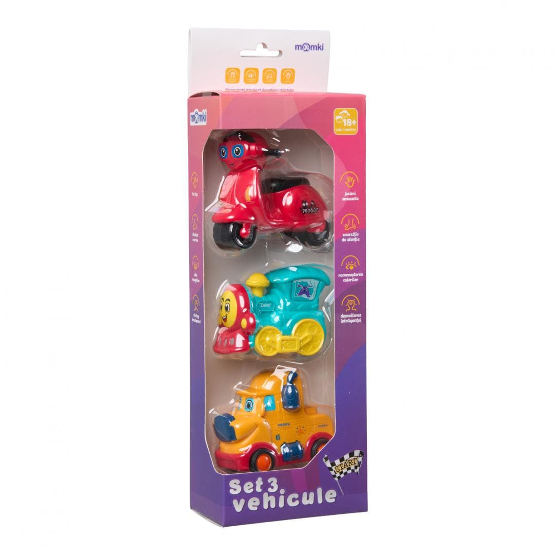MomKi Jucării Set Jucarii MomKi MOMKI899-17AG | 3 Vehicule Inertie, Masinuta, Scuter, Tren
