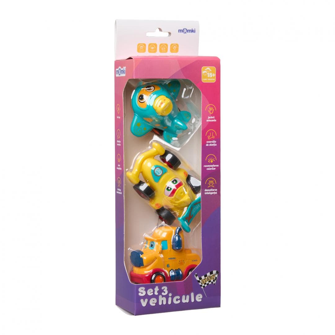 MomKi Jucării Set 3 Jucarii MomKi MOMKI899-17EG | Vehicule Inertie, Camion, Masina Curse, Avion