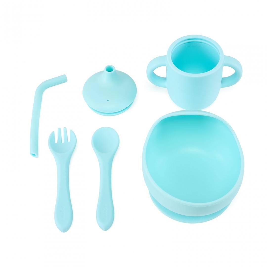 U-Grow Alimentație bebe Set Diversificare Silicon U-Grow UG-422BL | 4 Piese, Cana cu Pai, Bol, Lingurita, Furculita, Albastru