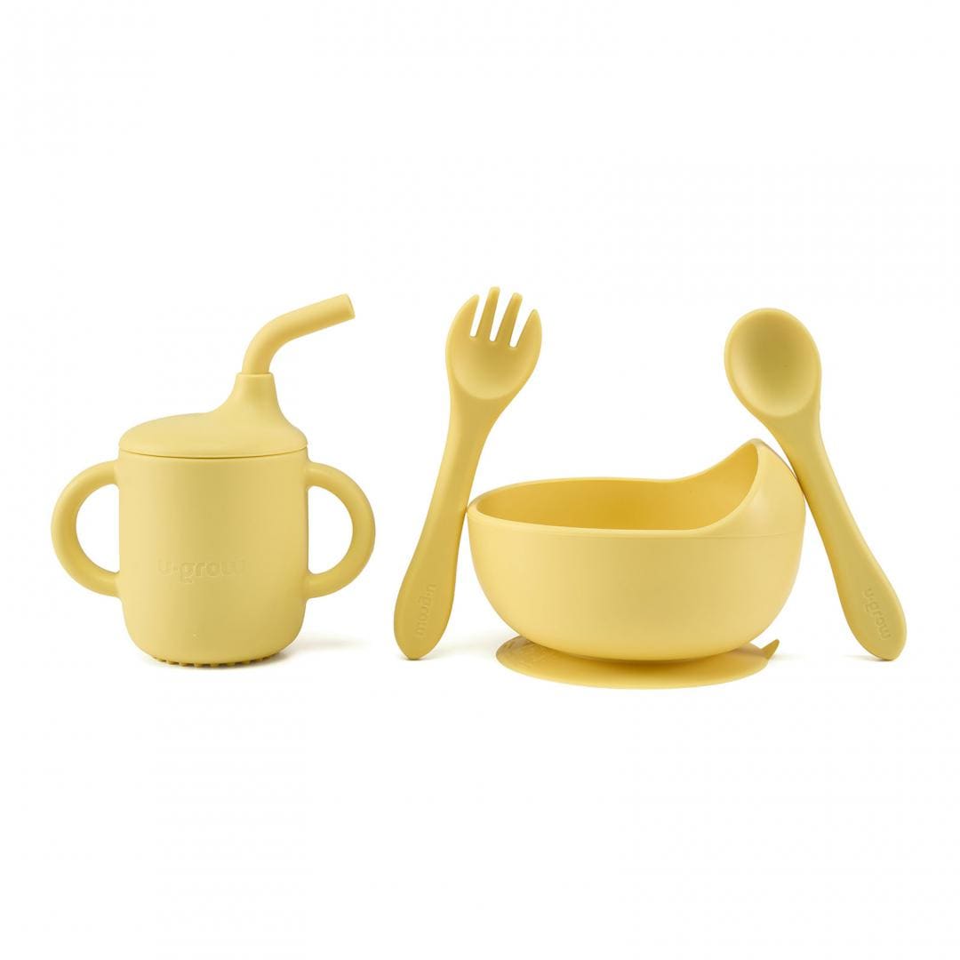 U-Grow Alimentație bebe Set Diversificare Silicon U-Grow UG-422YE | 4 Piese, Cana cu Pai, Bol, Lingurita, Furculita, Galben